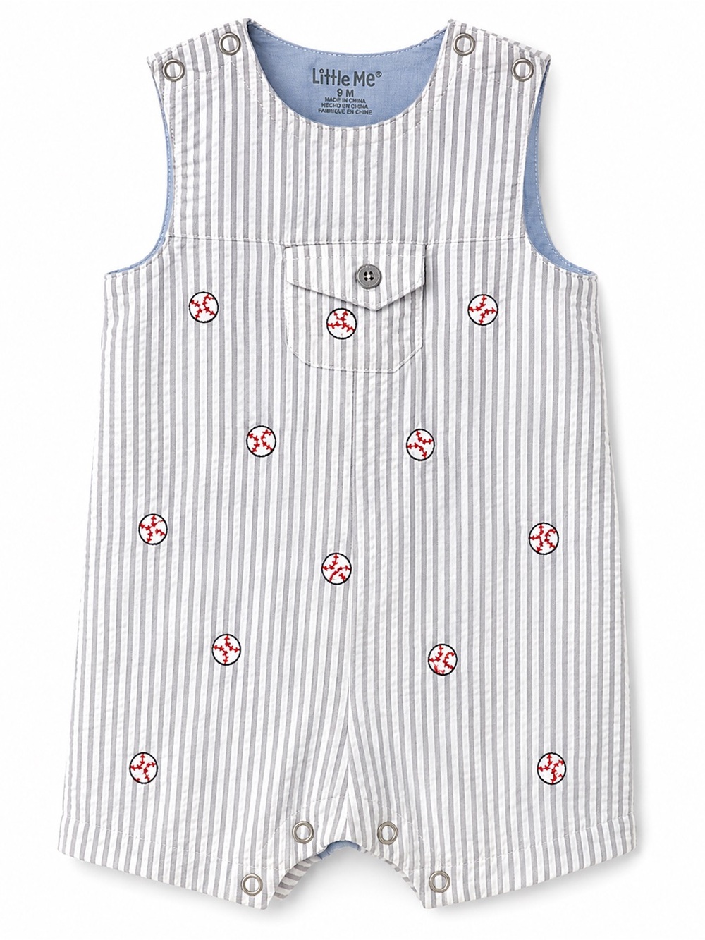 Little Me Blue and White Striped Baseball Romper